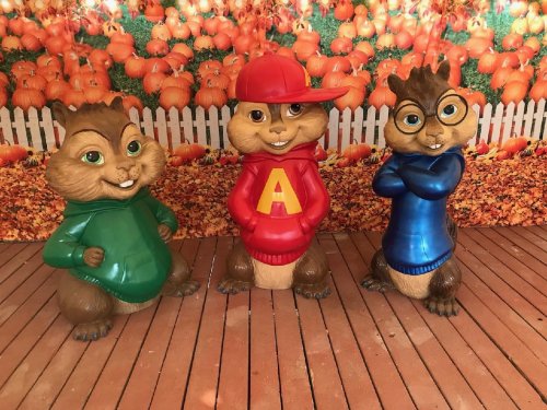 Three cartoonish chipmunk statues wearing colorful hoodies, set against a backdrop of pumpkins and autumn leaves.