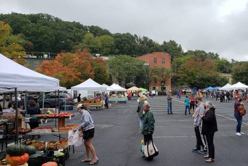 A bustling farmers market with tents, vendors, and colorful autumn foliage in the background on a cloudy day.