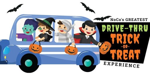 A colorful illustration of kids in costumes enjoying a drive-thru trick-or-treat experience in a decorated bus.