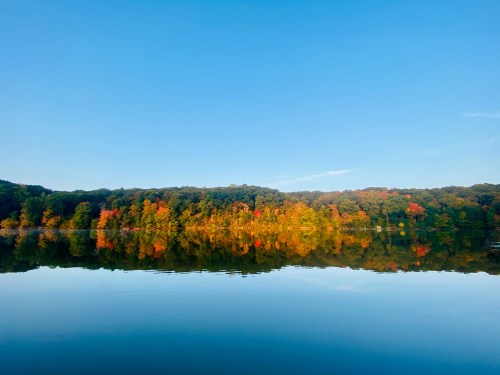 A serene lake reflecting colorful autumn trees under a clear blue sky.