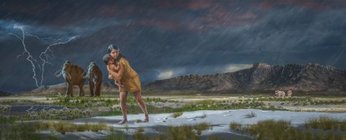 A woman carries a child in a stormy landscape, with two large animals in the background and mountains under dark clouds.