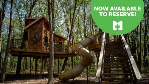 Treehouse with a slide and stairs, surrounded by trees, featuring a "Now Available to Reserve!" sign.