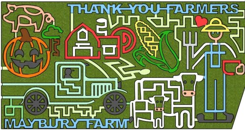 Colorful maze design featuring a farmer, animals, crops, and a truck, with "Thank You Farmers" and "Maybury Farm" text.