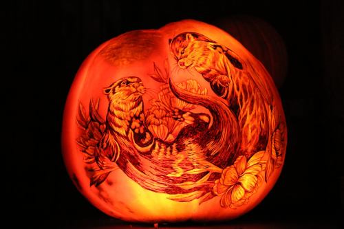 A carved pumpkin illuminated from within, featuring intricate otter designs surrounded by flowers.