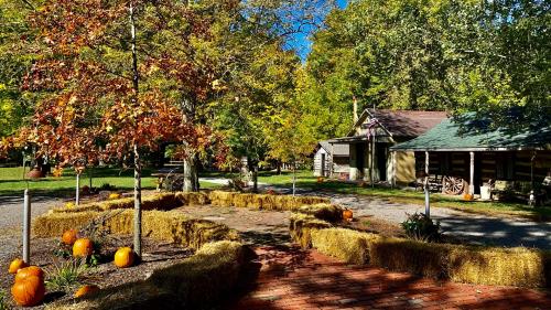 A scenic pathway lined with hay bales and pumpkins, surrounded by colorful autumn trees and rustic buildings.