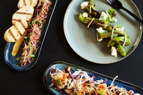 Three plates of colorful dishes: grilled peppers with cheese, pulled meat on toast, and a vibrant slaw with toppings.