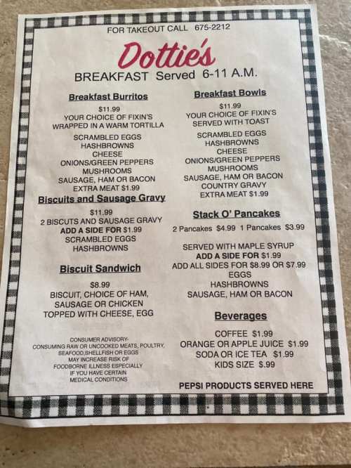 Menu for Dottie's breakfast, featuring burritos, bowls, biscuits, pancakes, and beverages, served from 6-11 A.M.