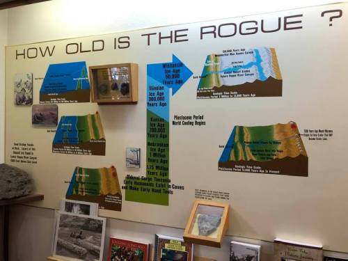 Informative display about the geological history of the Rogue River, highlighting various ice ages and time periods.