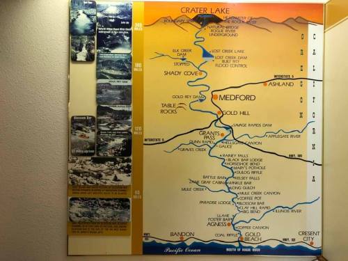 Map of southern Oregon highlighting routes to Crater Lake, Medford, and Grants Pass, with scenic photos and landmarks.