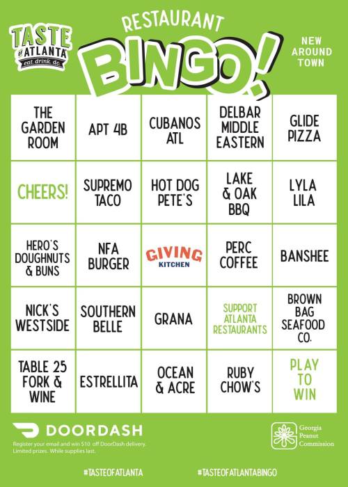 A bingo card featuring various Atlanta restaurants with a "Taste of Atlanta" theme and DoorDash promotion.