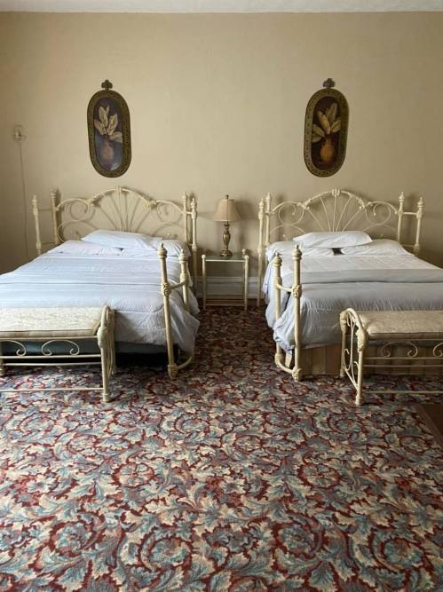 A simple hotel room with two beds, a lamp, and decorative wall art, featuring a patterned carpet.