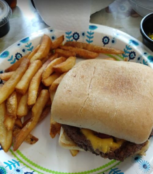 A plate with a cheeseburger on a bun and a side of golden, crispy French fries.