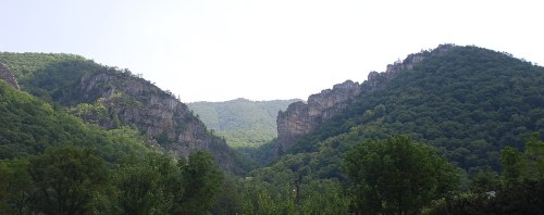 A scenic view of green mountains with rocky peaks under a clear sky, framed by lush trees in the foreground.
