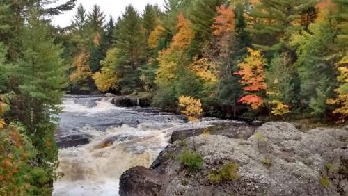 A scenic view of a river flowing through vibrant autumn trees with colorful leaves and rocky banks.