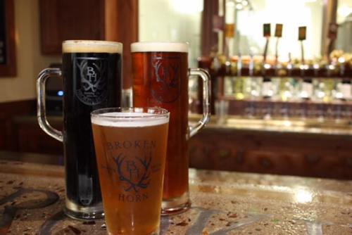 Three glasses of beer on a bar: two large mugs (dark and amber) and a smaller glass of light beer, with a brewery logo.