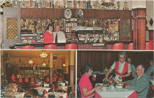 A vintage restaurant scene featuring a bar, dining area, and staff serving food, with red decor and trophies on display.