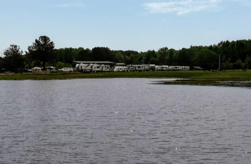 A serene lake view with a line of RVs and trees in the background under a clear blue sky.