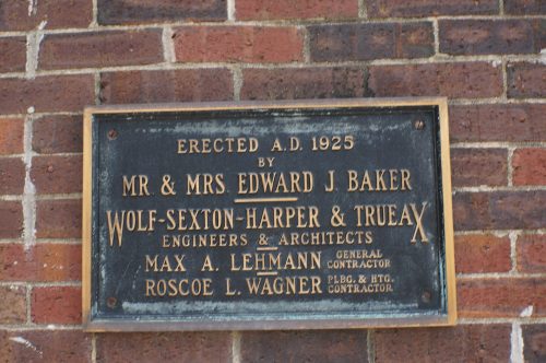 Plaque commemorating the 1925 construction by Baker, Wolf-Sexton-Harper & Truex, with contractors Lehmann and Wagner.