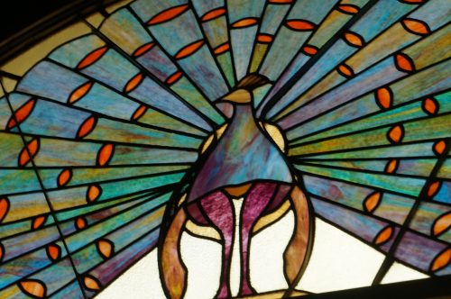 Stained glass window featuring a colorful peacock with a radiant fan of feathers.