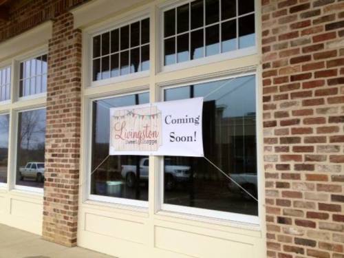 A storefront window with a "Livingston Sweet Shoppe" sign and a "Coming Soon!" banner.