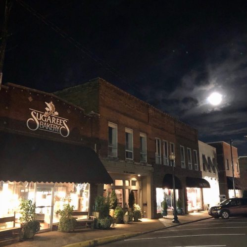 A bakery storefront illuminated by moonlight, with a dark sky and clouds overhead.