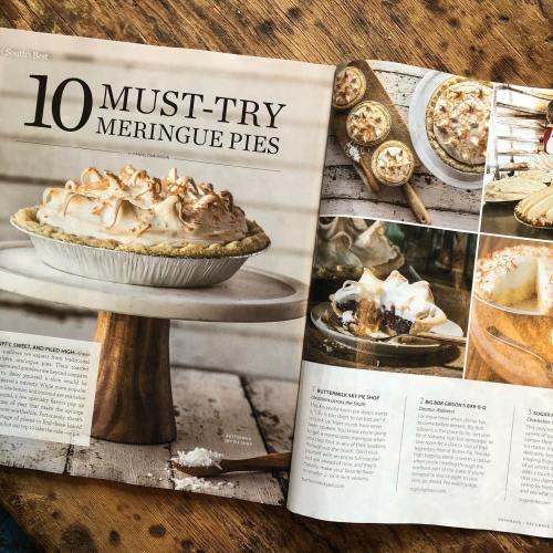A magazine page featuring "10 Must-Try Meringue Pies" with images of various pies on a wooden table.