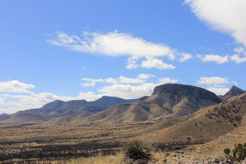 A panoramic view of rugged mountains under a blue sky with scattered clouds, surrounded by arid landscape.