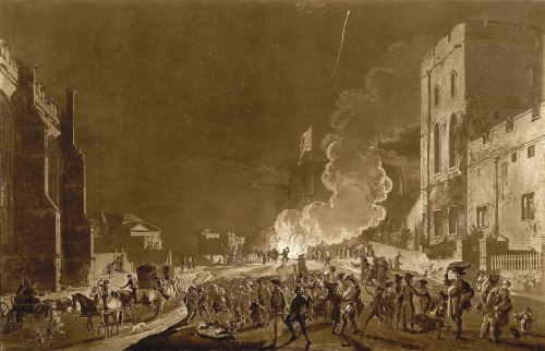 A dramatic historical scene depicting a chaotic street with figures, horses, and buildings, illuminated by fire and smoke.