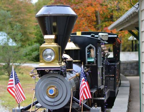 A vintage steam train decorated with American flags, parked beside a building in a scenic, autumn setting.