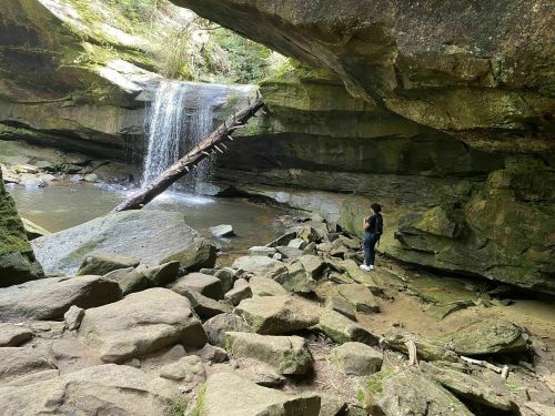 A person stands near a waterfall in a rocky, green cave surrounded by lush vegetation.