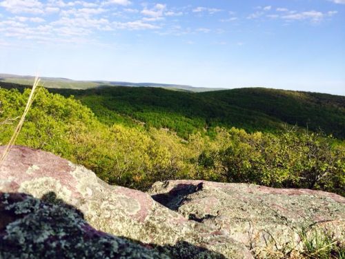 A scenic view of lush green hills under a blue sky, with rocky foreground and distant mountains.
