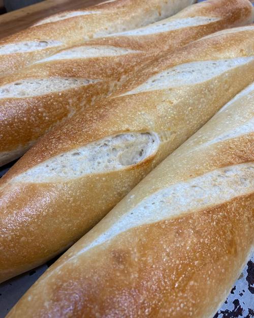 Freshly baked baguettes with a golden crust and visible scoring, arranged closely on a baking tray.