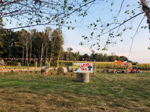 A field with hay bales, a "Lazer Tag" sign, and colorful flags, surrounded by trees and a cornfield in the background.