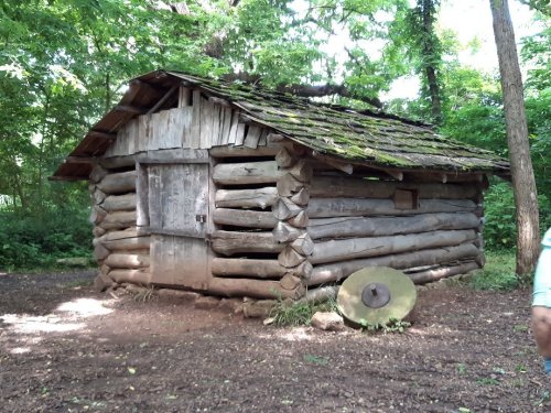 A rustic log cabin with a mossy roof, surrounded by trees in a wooded area. A large stone wheel is nearby.
