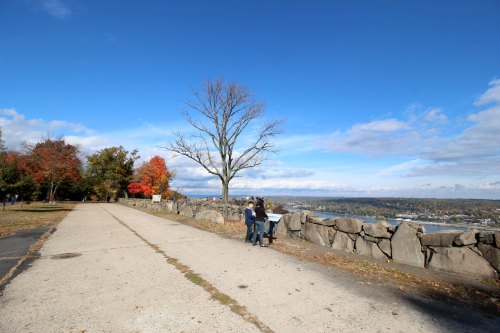 A scenic view of a park with a tree, colorful autumn foliage, and two people near a stone wall against a blue sky.