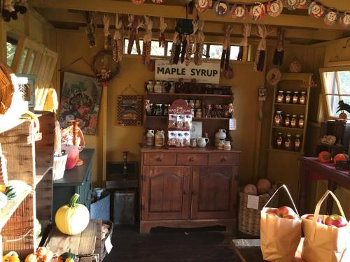 Cozy shop interior featuring shelves of maple syrup, jars, and autumn decorations, with pumpkins and apples displayed.