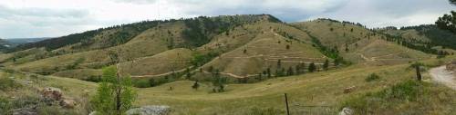 A panoramic view of rolling hills with winding trails and scattered trees under a cloudy sky.