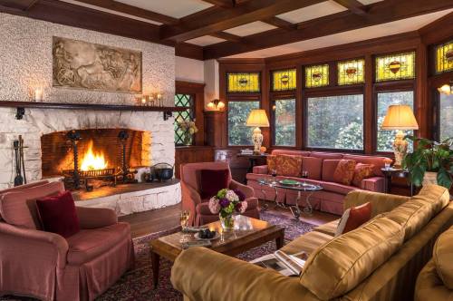 Cozy living room with a stone fireplace, stained glass windows, and comfortable seating, adorned with plants and decor.