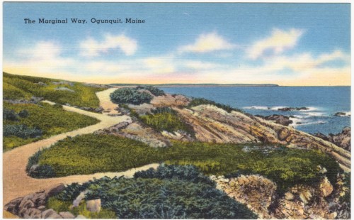A scenic view of The Marginal Way in Ogunquit, Maine, featuring a winding path along rocky cliffs and the ocean.