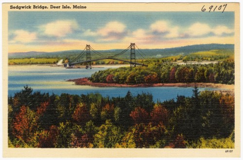 Vintage postcard of Sedgwick Bridge in Deer Isle, Maine, surrounded by colorful autumn foliage and a serene water view.