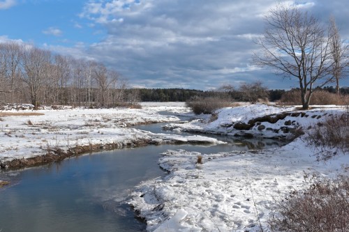 A serene winter landscape featuring a river surrounded by snow, bare trees, and a cloudy blue sky.