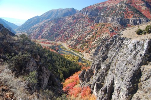 A scenic view of a valley with vibrant autumn foliage, mountains, and a winding river below.