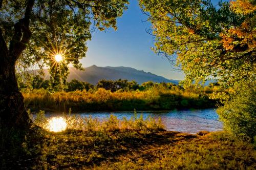 Sunlight filters through trees by a river, with mountains in the background and vibrant foliage reflecting on the water.
