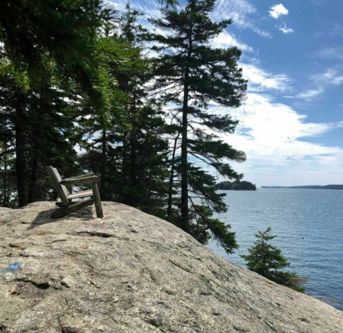 A wooden chair on a rocky outcrop surrounded by trees, overlooking a calm lake under a blue sky.