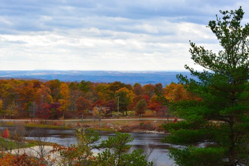 A scenic view of a lake surrounded by autumn foliage and distant mountains under a cloudy sky.