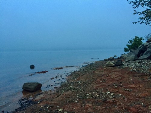 A foggy shoreline with rocks and a calm water surface, creating a serene and tranquil atmosphere.
