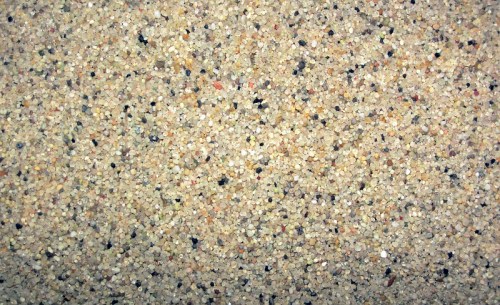 Close-up of a sandy surface with a mix of small, light-colored grains and occasional darker specks.