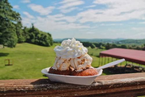 A dessert with whipped cream sits on a wooden railing, overlooking a green landscape and blue sky.