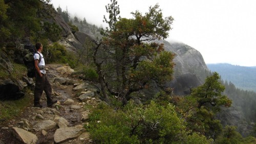 A hiker stands on a rocky trail, gazing at a misty landscape with trees and distant mountains.