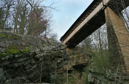 A wooden bridge spans a rocky gorge, surrounded by trees and greenery under a cloudy sky.
